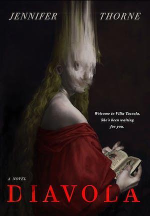 Book cover of Diavola. A Victorian Italian painting of a woman reading a book. Her face is smeared, giving a scary setting.
