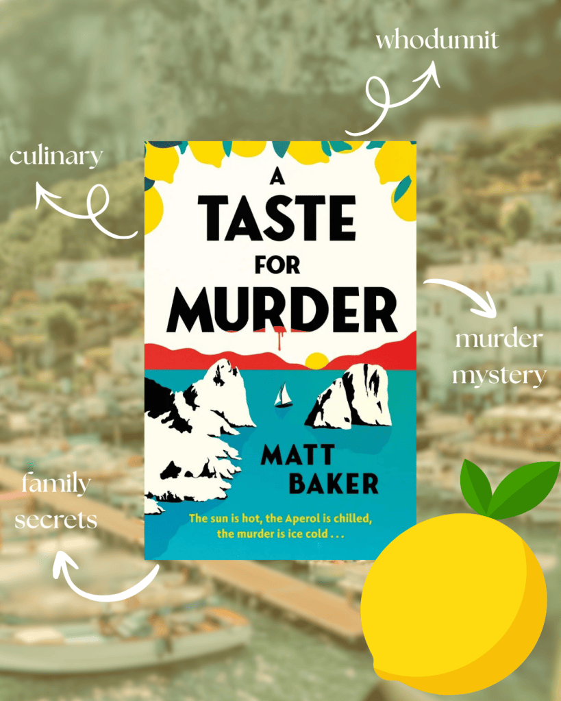 Cover of the book 'A Taste for Murder' by Matt Baker featuring a colorful design with mountains and sun elements, depicting themes of culinary arts, family secrets, and a murder mystery.